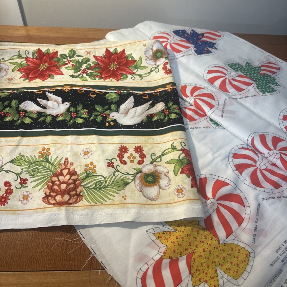 Vtg Christmas Fabric 1 Yd Of Dove & 2 Yds Of Candy Cane Pattern